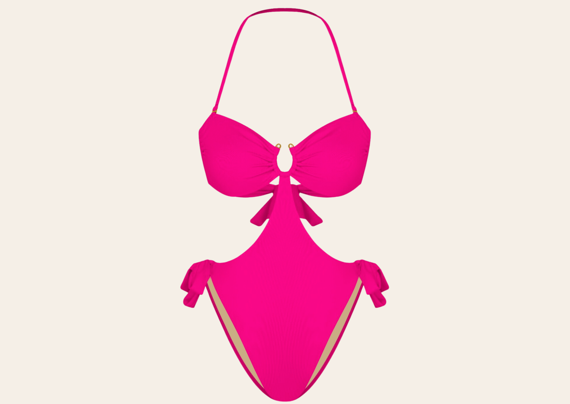 One-piece high-cut sweetheart top swimsuit with u-shaped hardware, side ties and removable straps. Color: pink