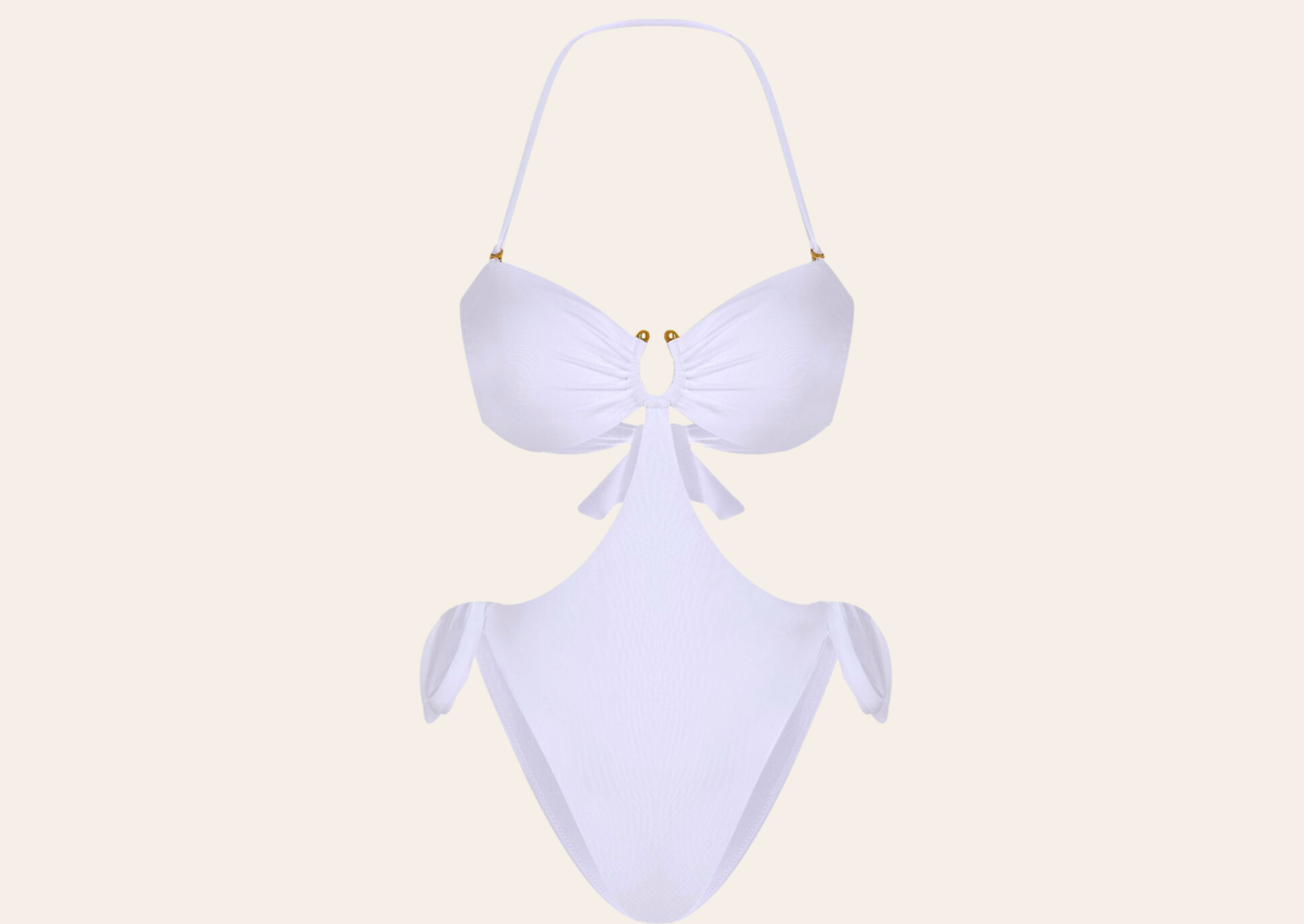 One-piece high-cut sweetheart top swimsuit with u-shaped hardware, side ties and removable straps. Color: white